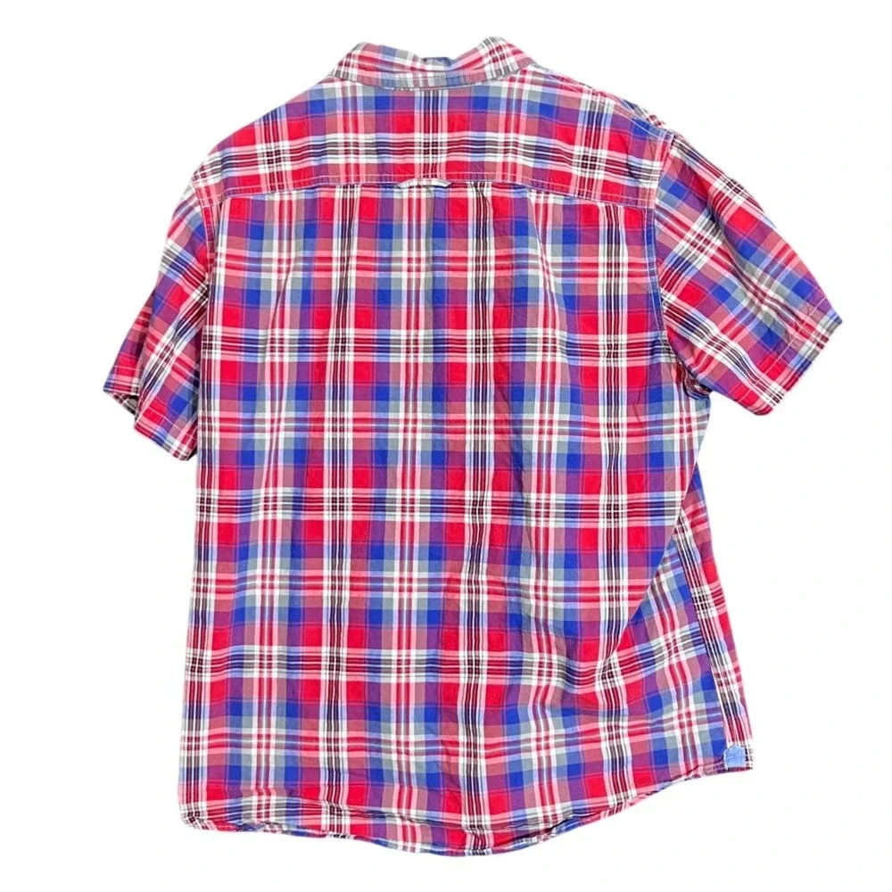 American Eagle Mens Size Short Sleeve Large Shirt Red Blue Plaid Vintage Fit‎